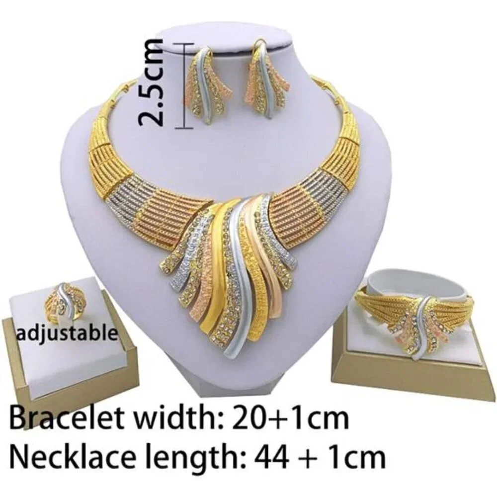Gold, Rose Gold & Silver Wave Jewelry Set – Necklace, Bracelet, Earrings & Ring